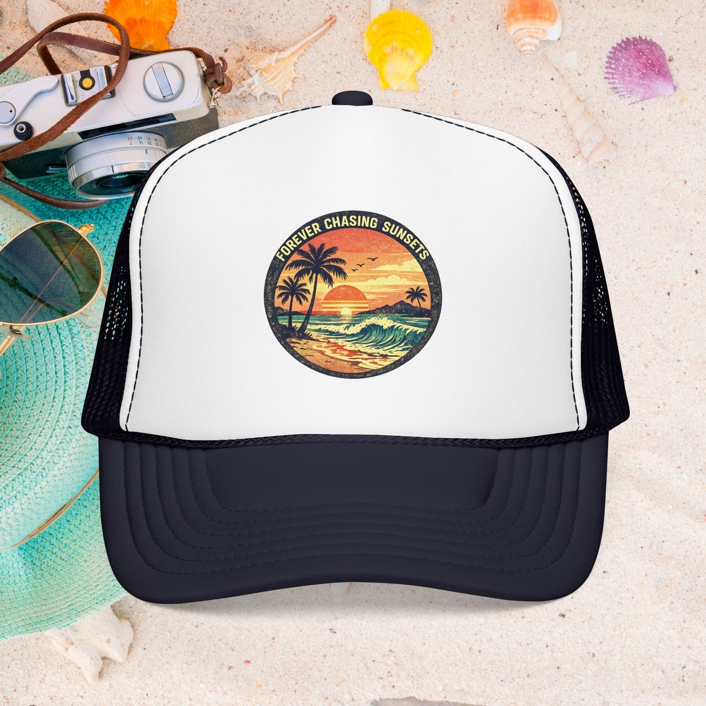 Chasing Sunsets Trucker Hat — Vintage Beach Foam Cap
