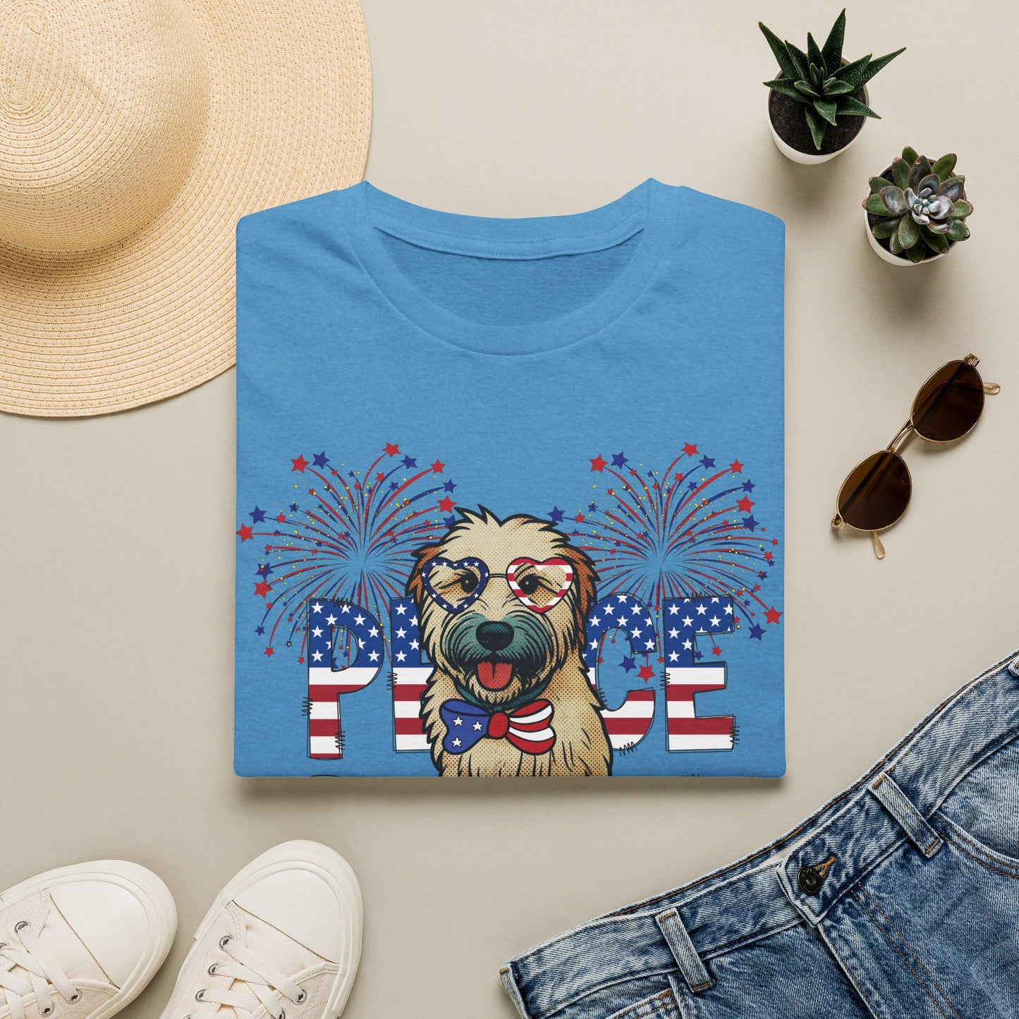 Patriotic Wheaten 'Peace Love' Graphic Tee for 4th of July