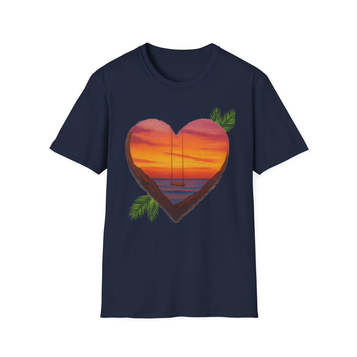 Heart Sunset T-Shirt — Tropical Palm Sailboat Beach Tee