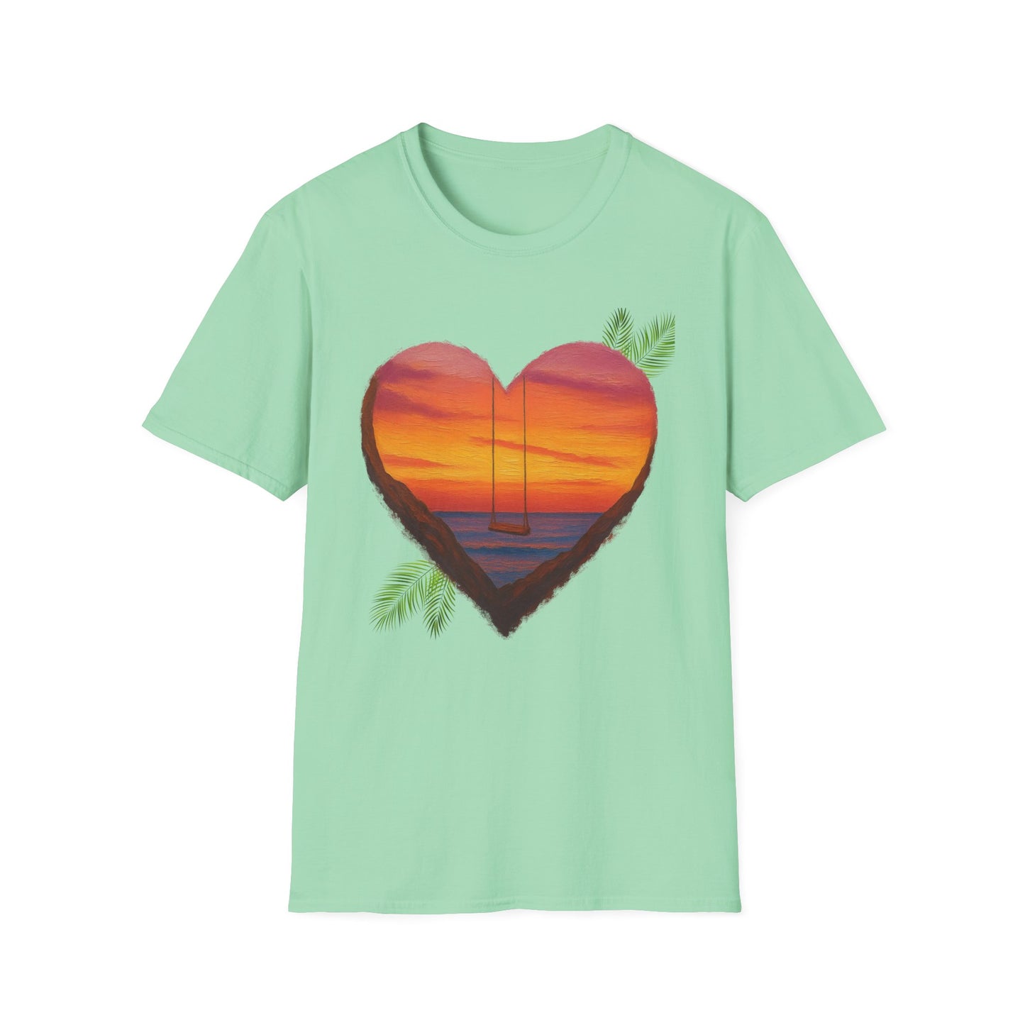 Heart Sunset T-Shirt — Tropical Palm Sailboat Beach Tee
