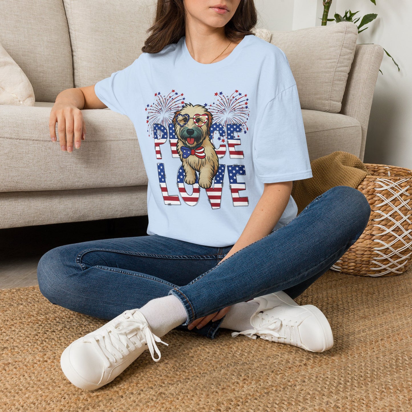 Patriotic Wheaten 'Peace Love' Graphic Tee for 4th of July