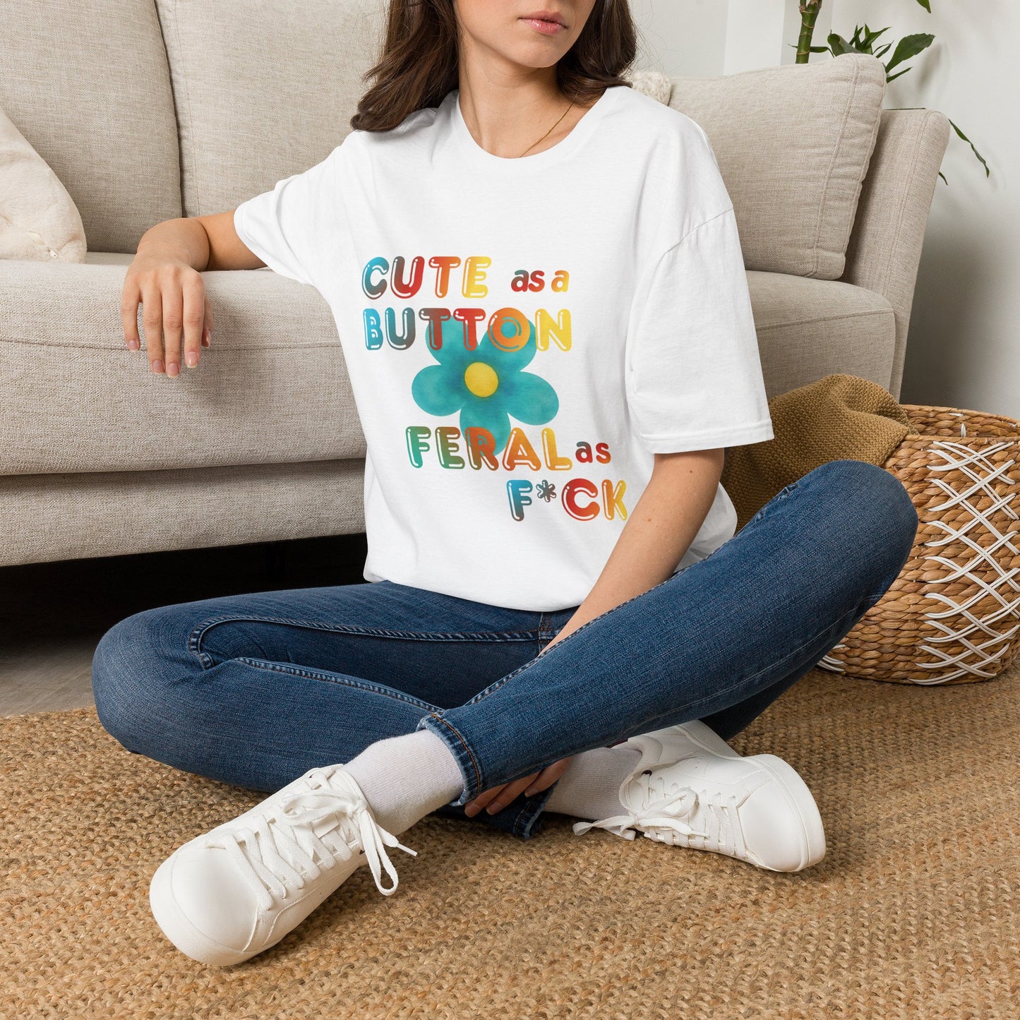 Cute as a Button Graphic Tee — Retro Flower "Cute as a Button, Feral as F*ck"