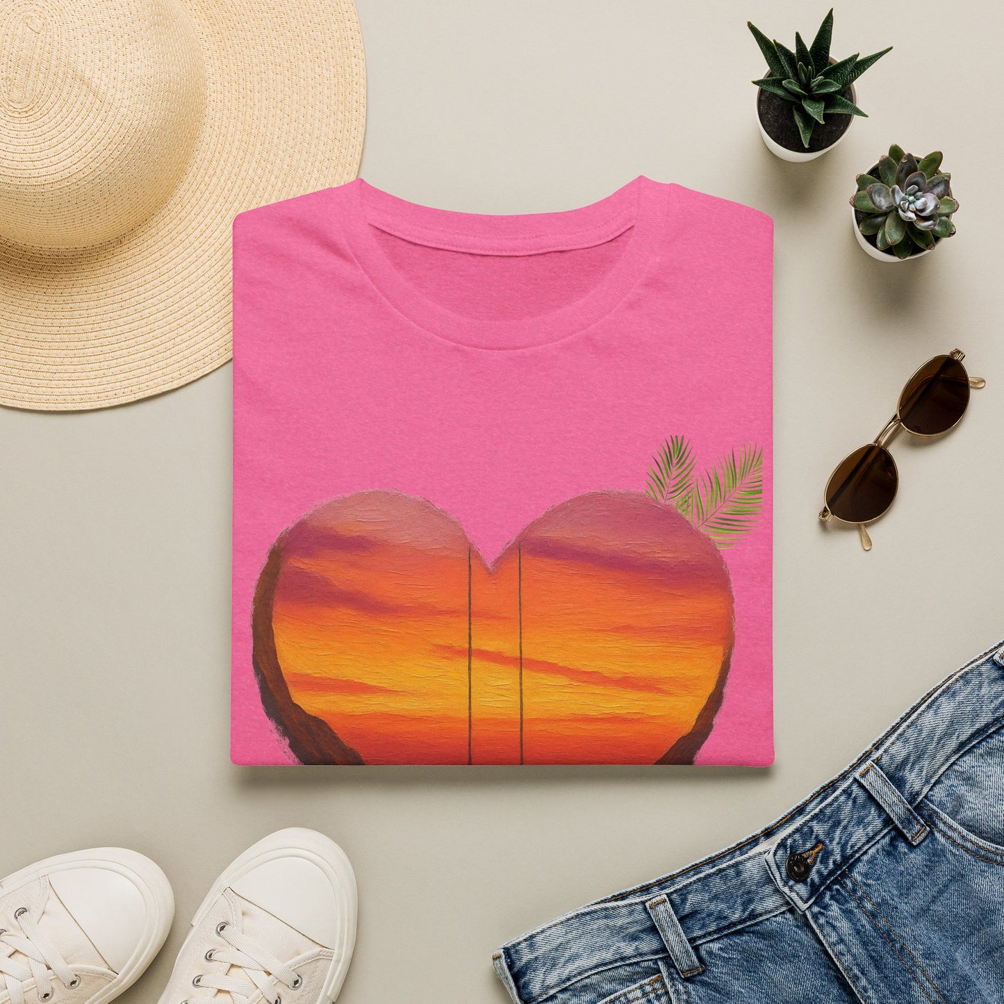 Heart Sunset T-Shirt — Tropical Palm Sailboat Beach Tee