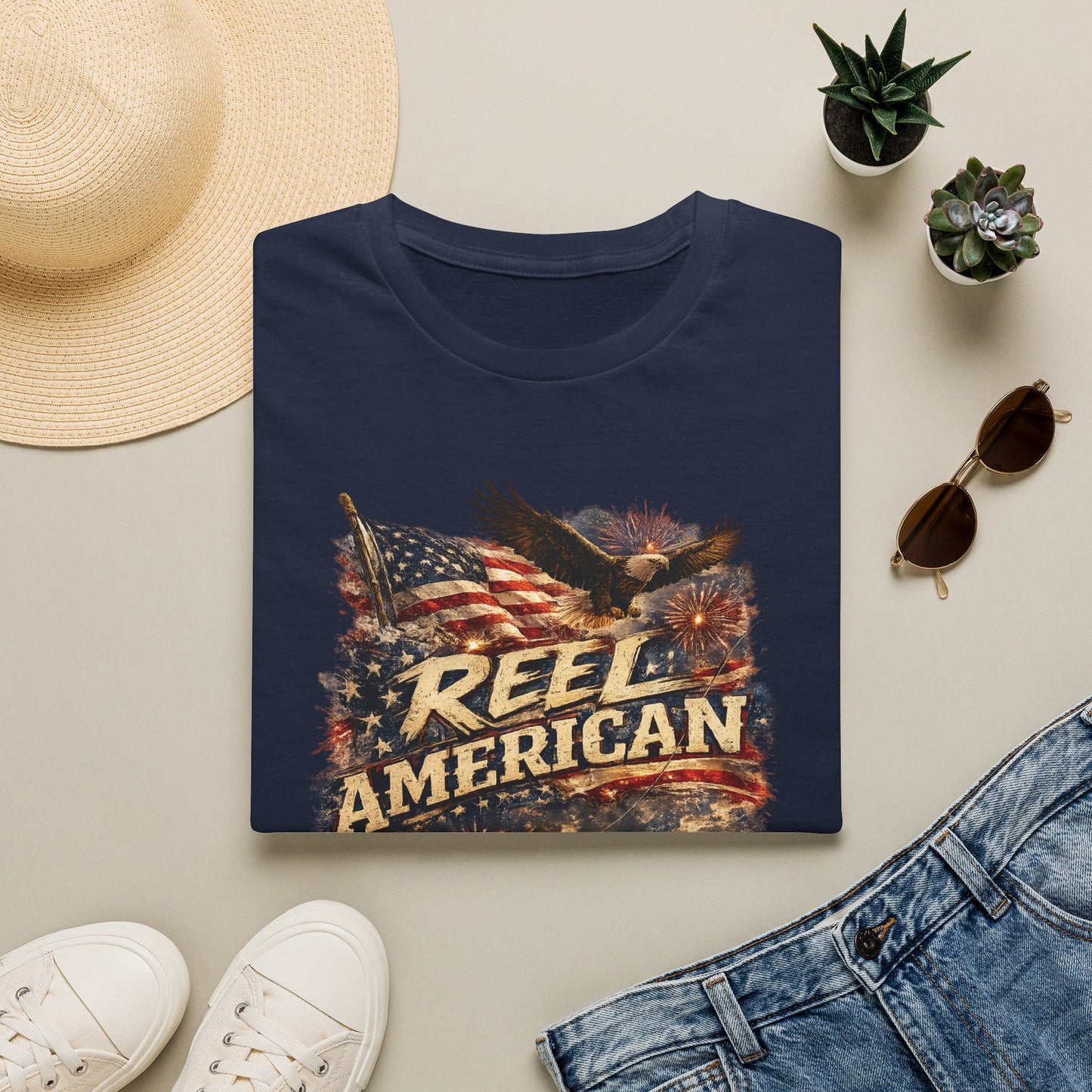 "Reel American" Eagle T-Shirt — Patriotic Fishing Shirt with Flag & Bald Eagle