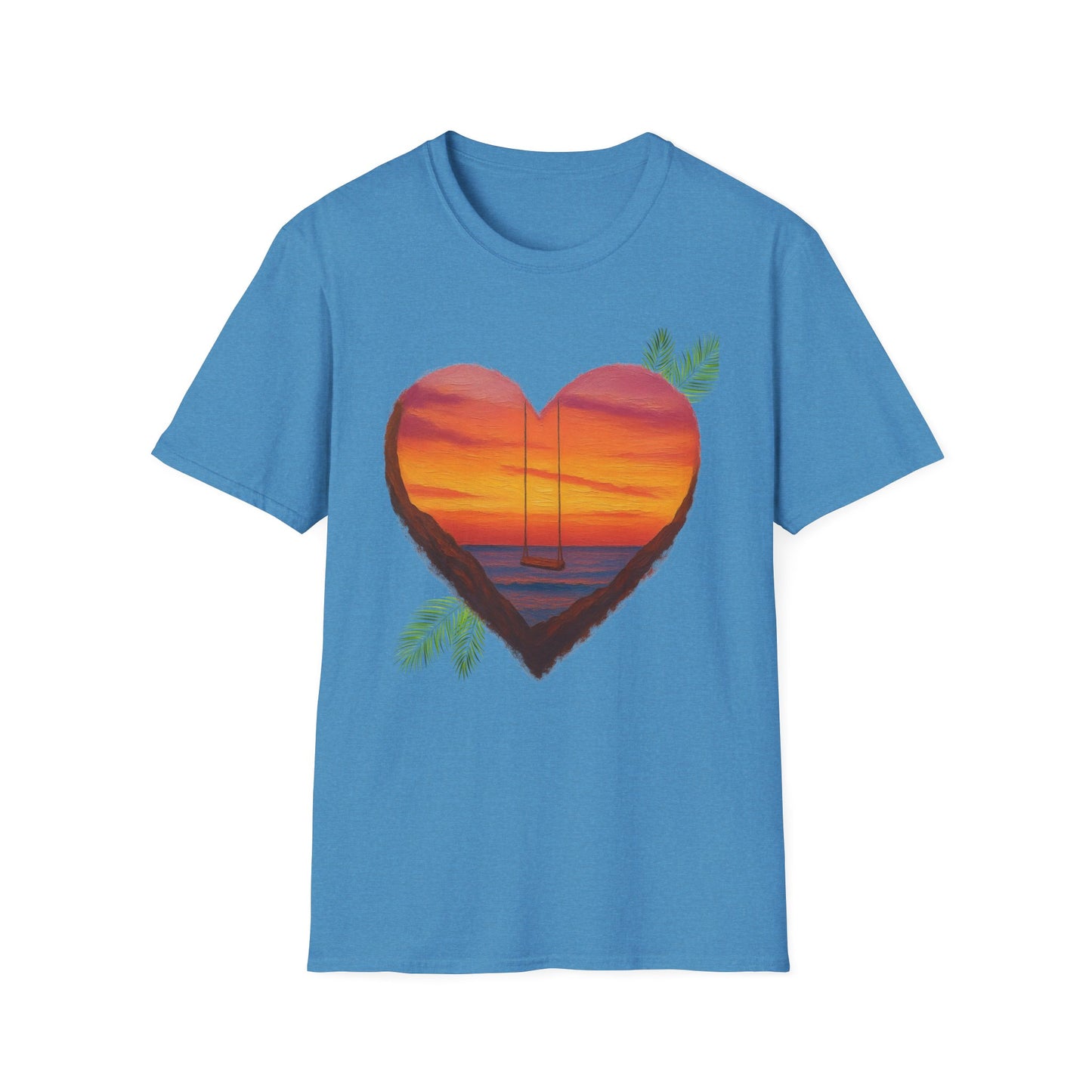 Heart Sunset T-Shirt — Tropical Palm Sailboat Beach Tee
