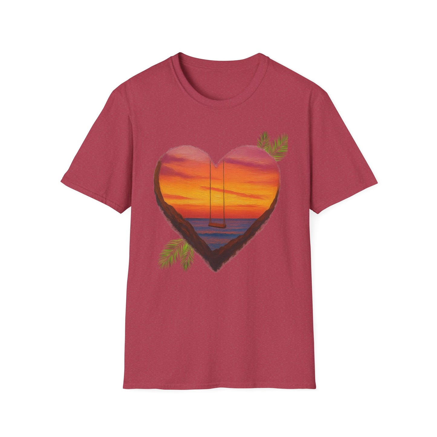 Heart Sunset T-Shirt — Tropical Palm Sailboat Beach Tee