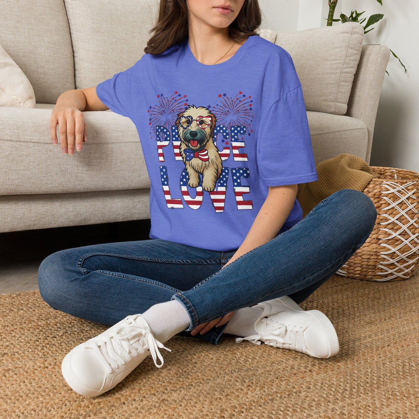 Patriotic Wheaten 'Peace Love' Graphic Tee for 4th of July
