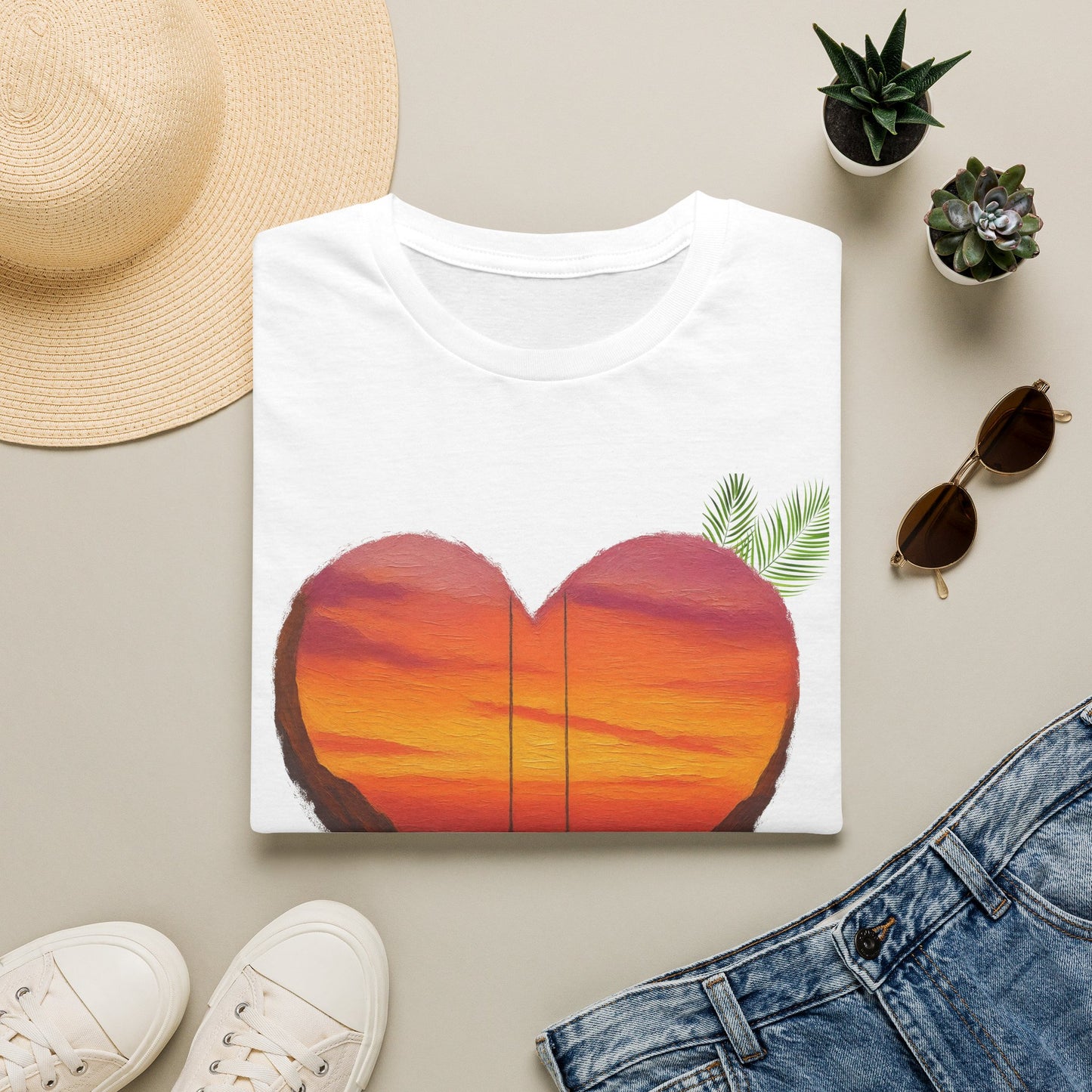 Heart Sunset T-Shirt — Tropical Palm Sailboat Beach Tee