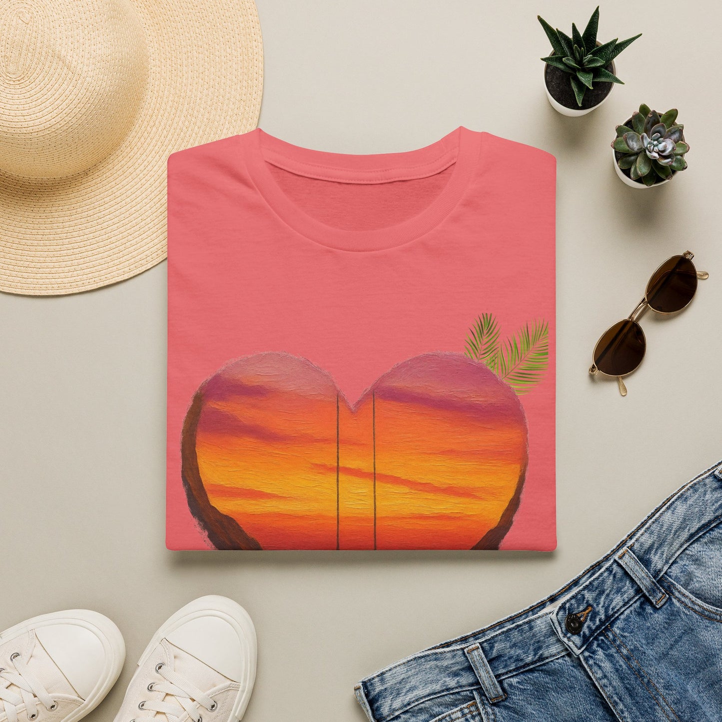 Heart Sunset T-Shirt — Tropical Palm Sailboat Beach Tee