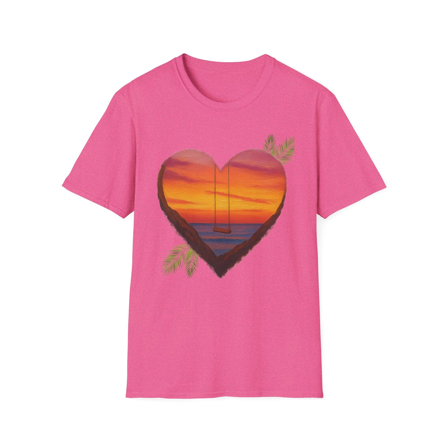 Heart Sunset T-Shirt — Tropical Palm Sailboat Beach Tee