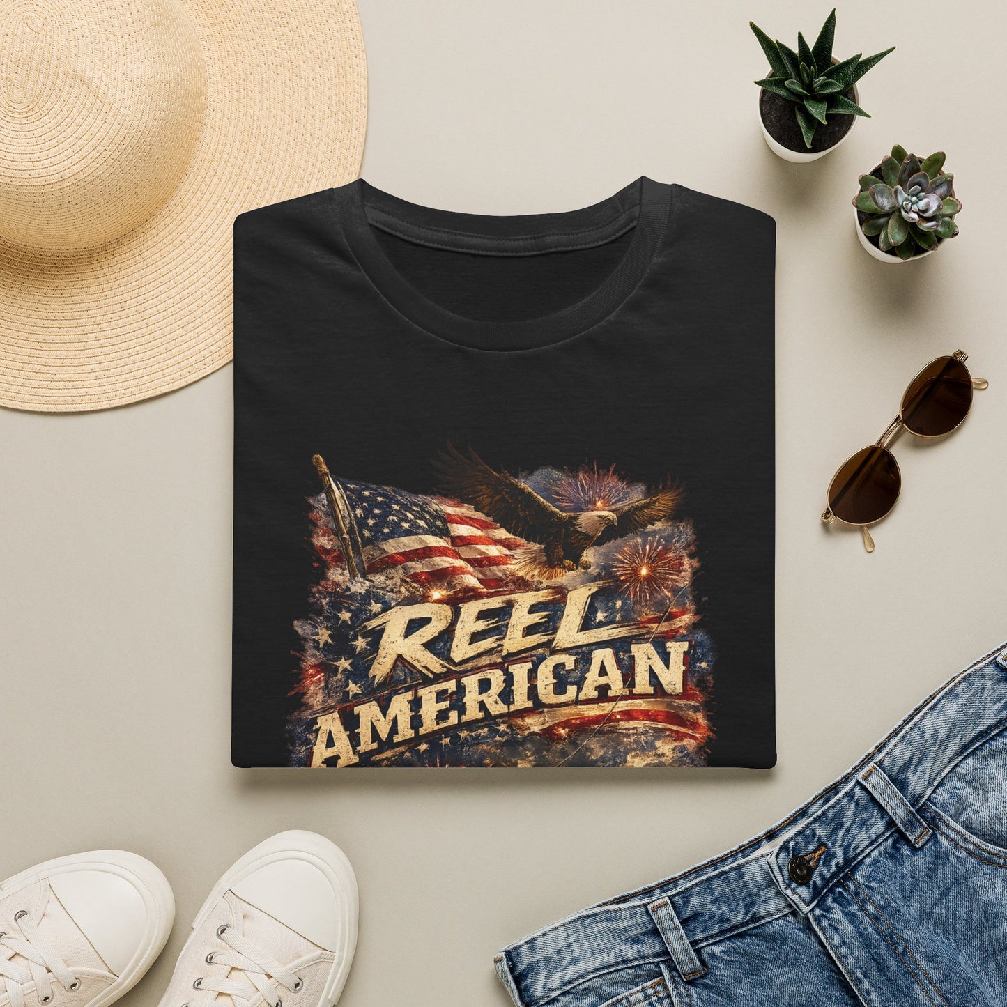 "Reel American" Eagle T-Shirt — Patriotic Fishing Shirt with Flag & Bald Eagle