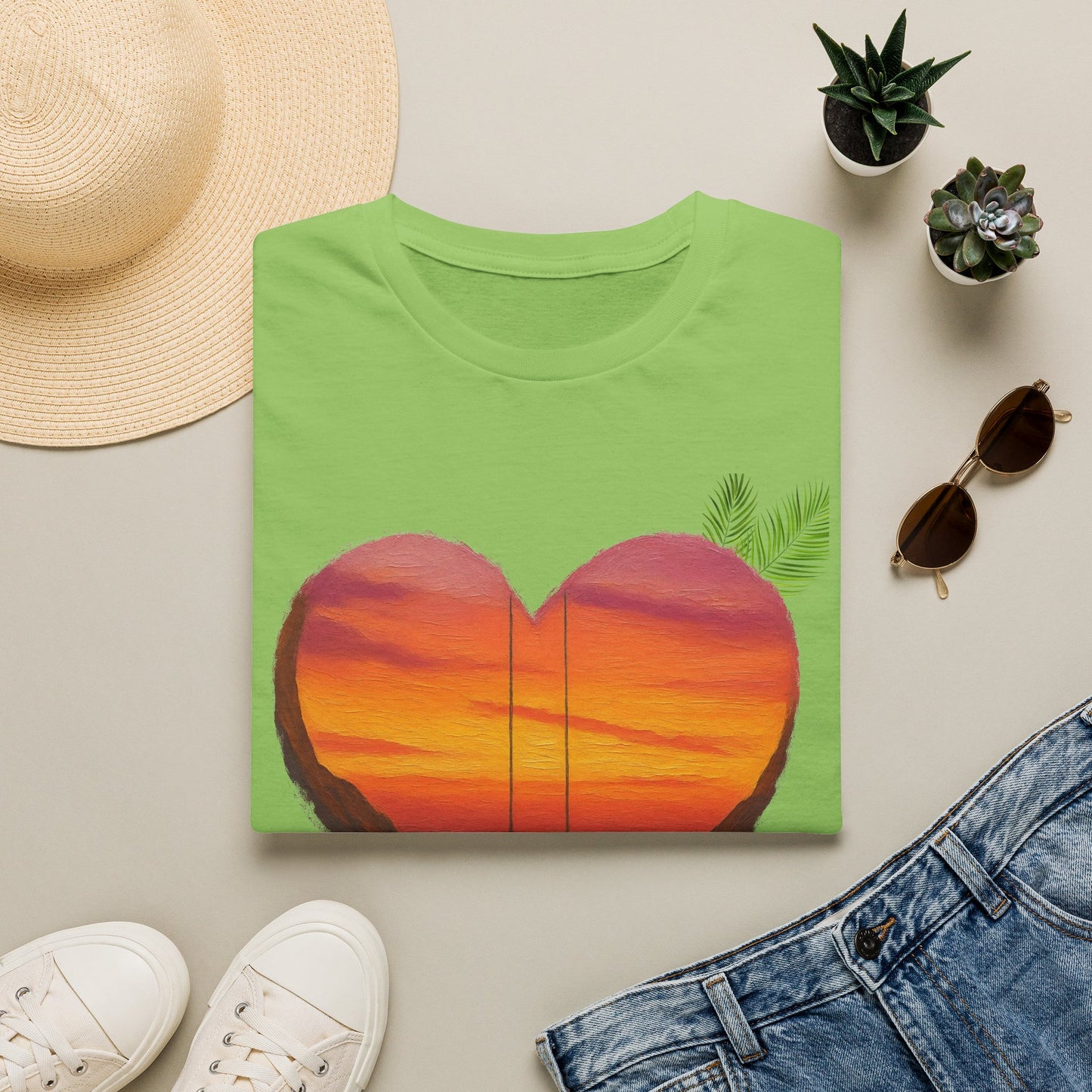 Heart Sunset T-Shirt — Tropical Palm Sailboat Beach Tee