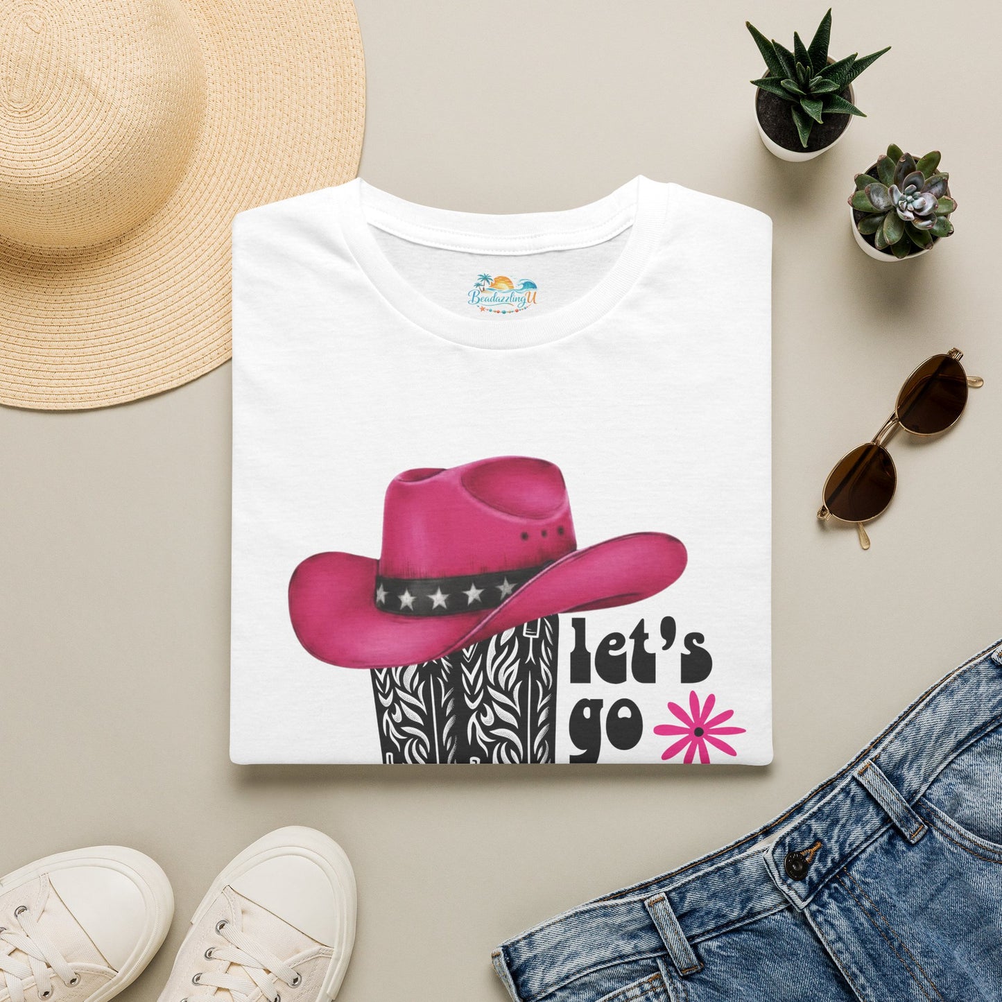 "Let's Go Girls" Pink Cowboy Hat & Boots Graphic T-Shirt