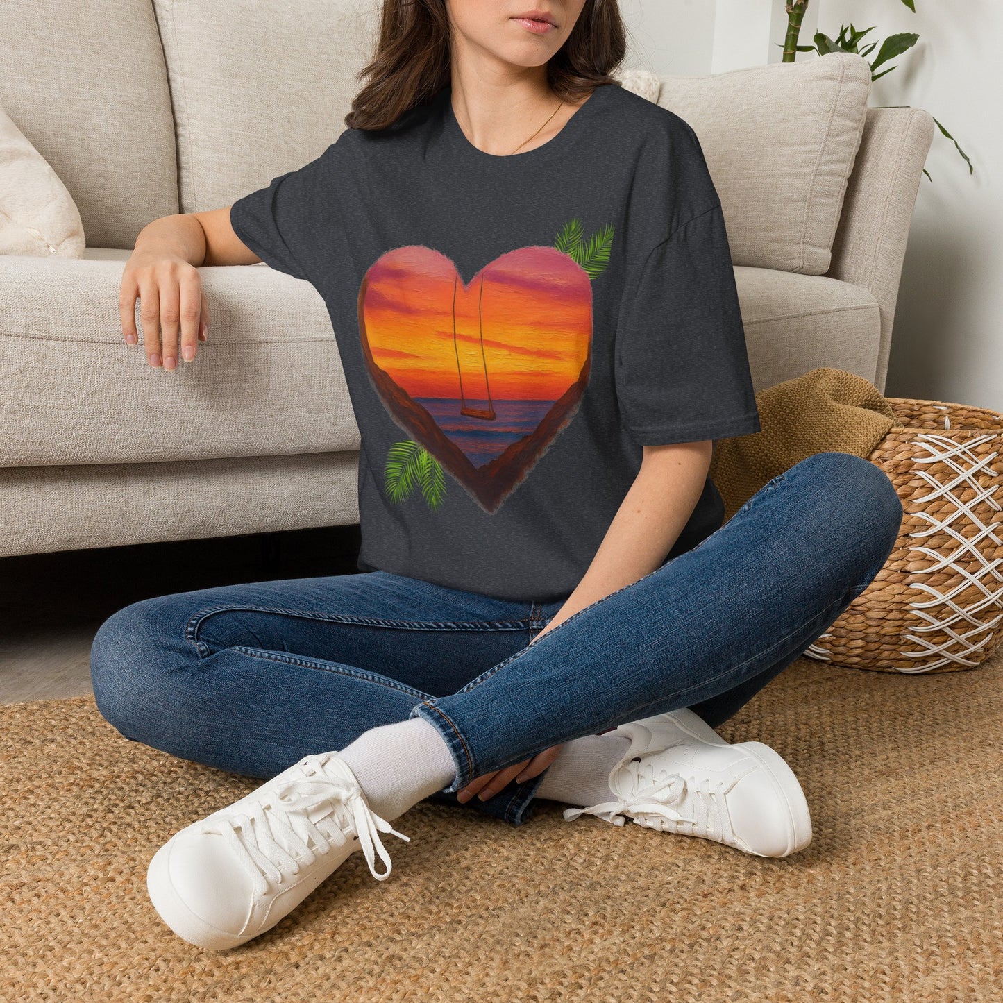 Heart Sunset T-Shirt — Tropical Palm Sailboat Beach Tee