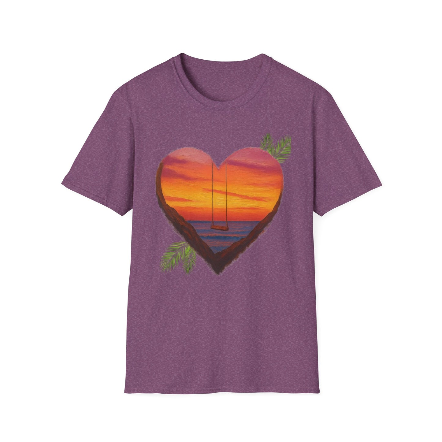 Heart Sunset T-Shirt — Tropical Palm Sailboat Beach Tee