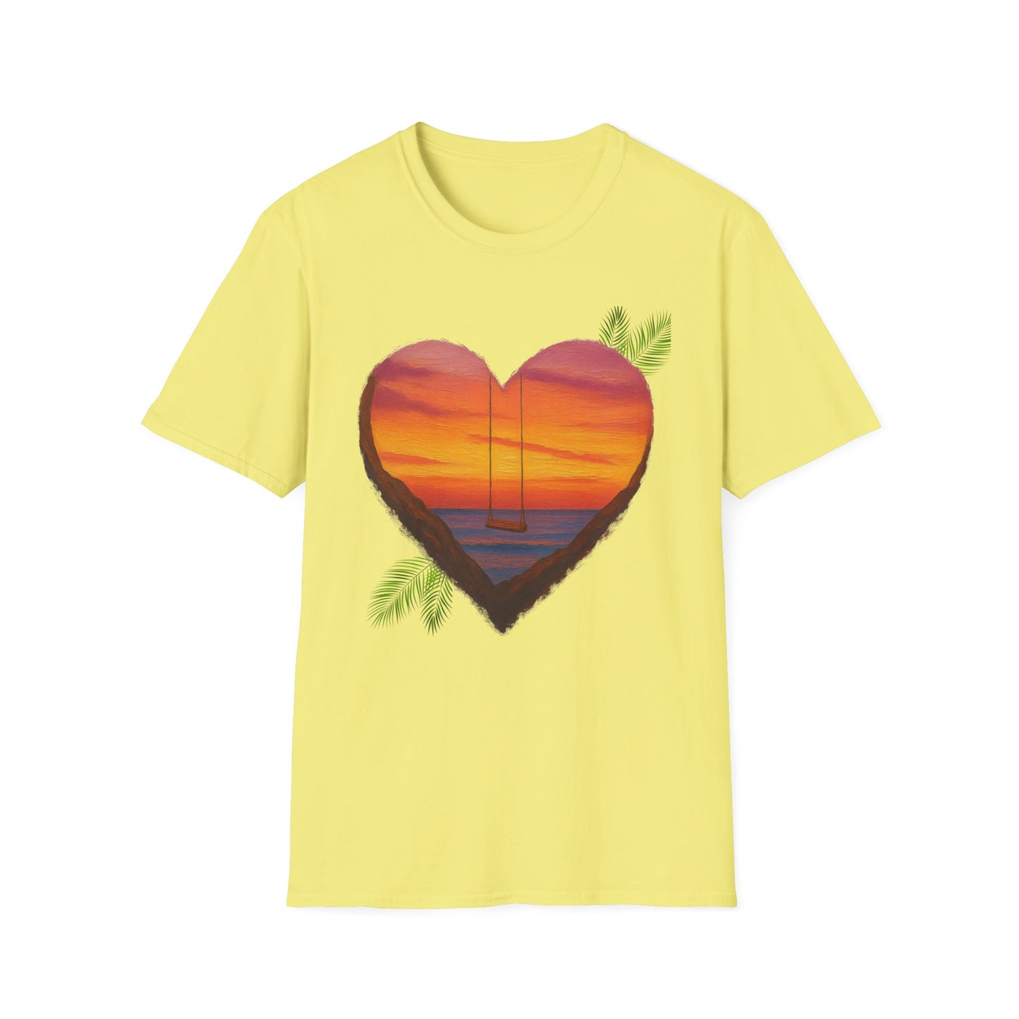 Heart Sunset T-Shirt — Tropical Palm Sailboat Beach Tee