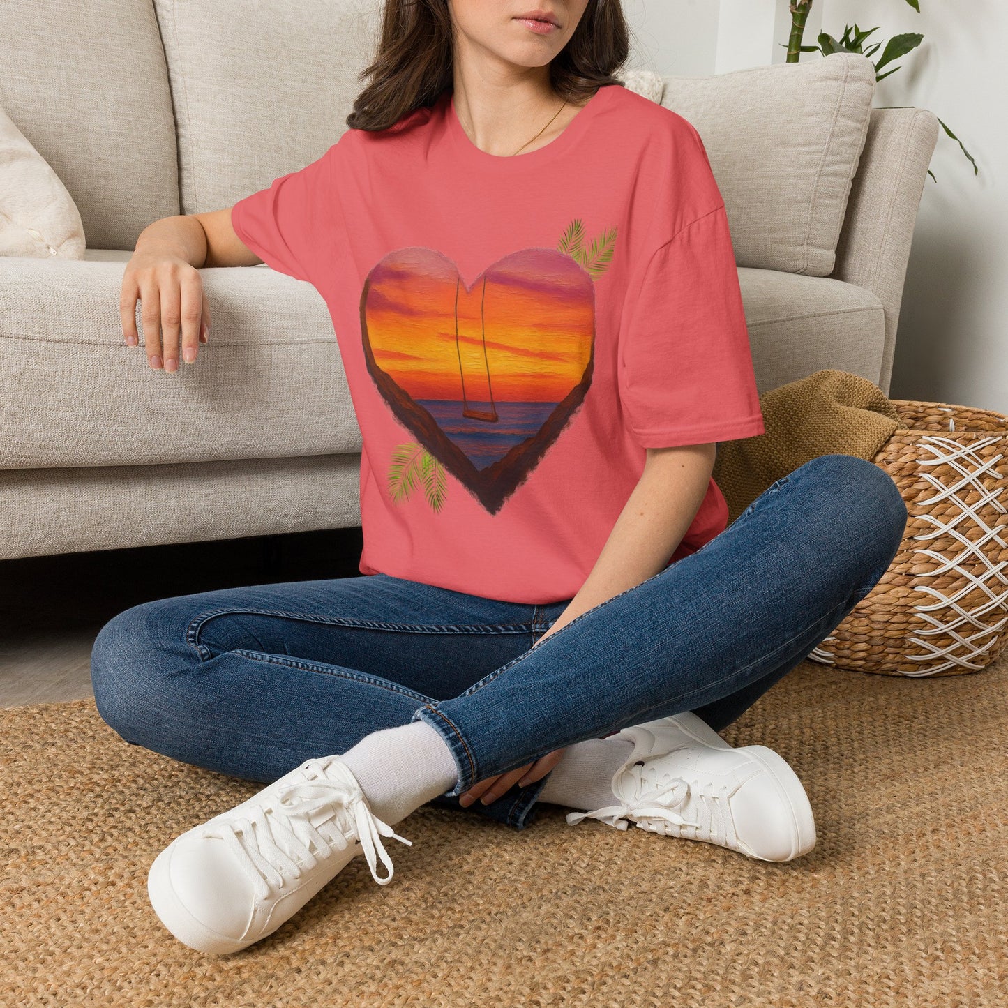 Heart Sunset T-Shirt — Tropical Palm Sailboat Beach Tee