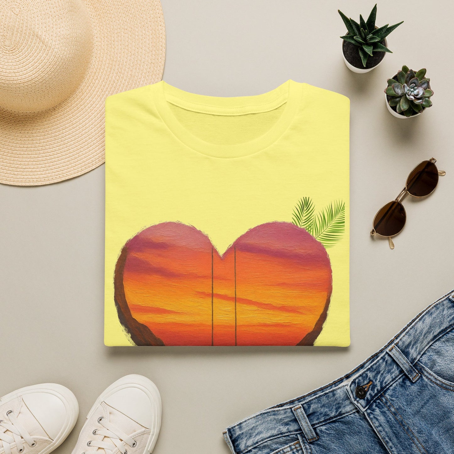 Heart Sunset T-Shirt — Tropical Palm Sailboat Beach Tee