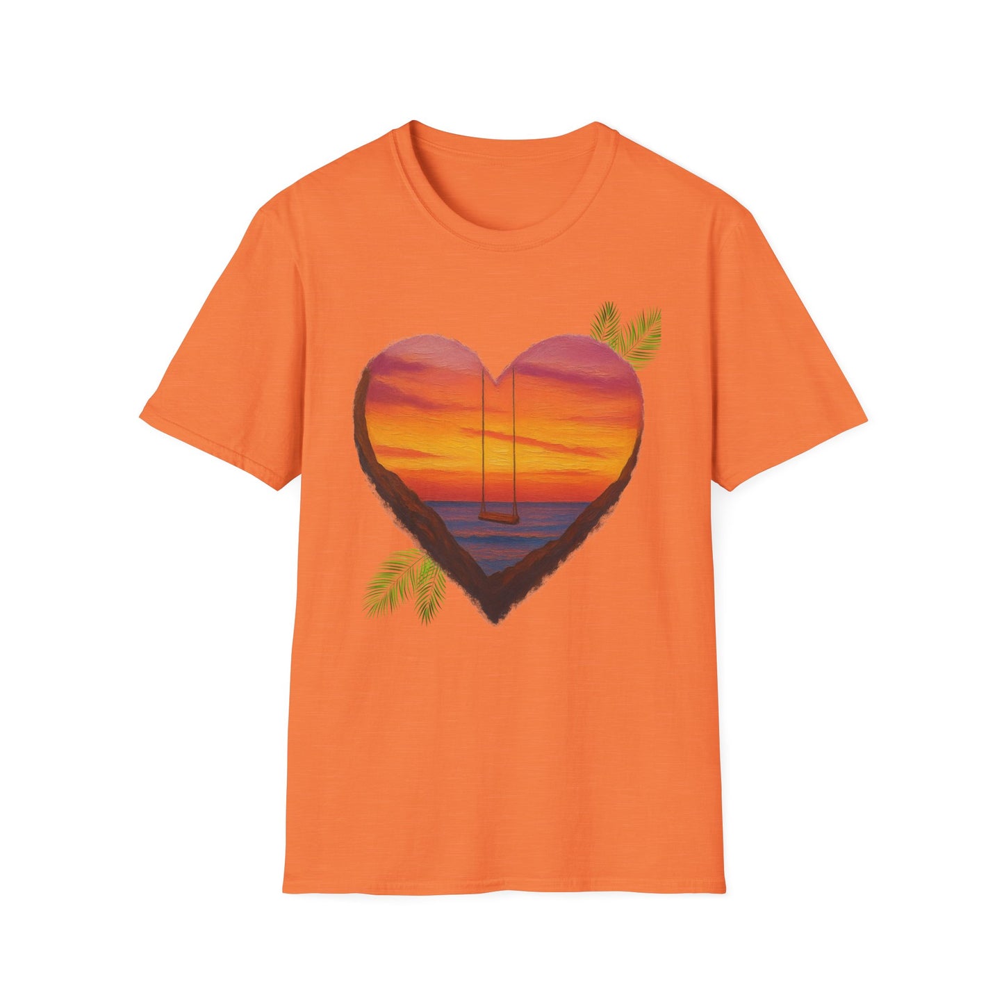 Heart Sunset T-Shirt — Tropical Palm Sailboat Beach Tee