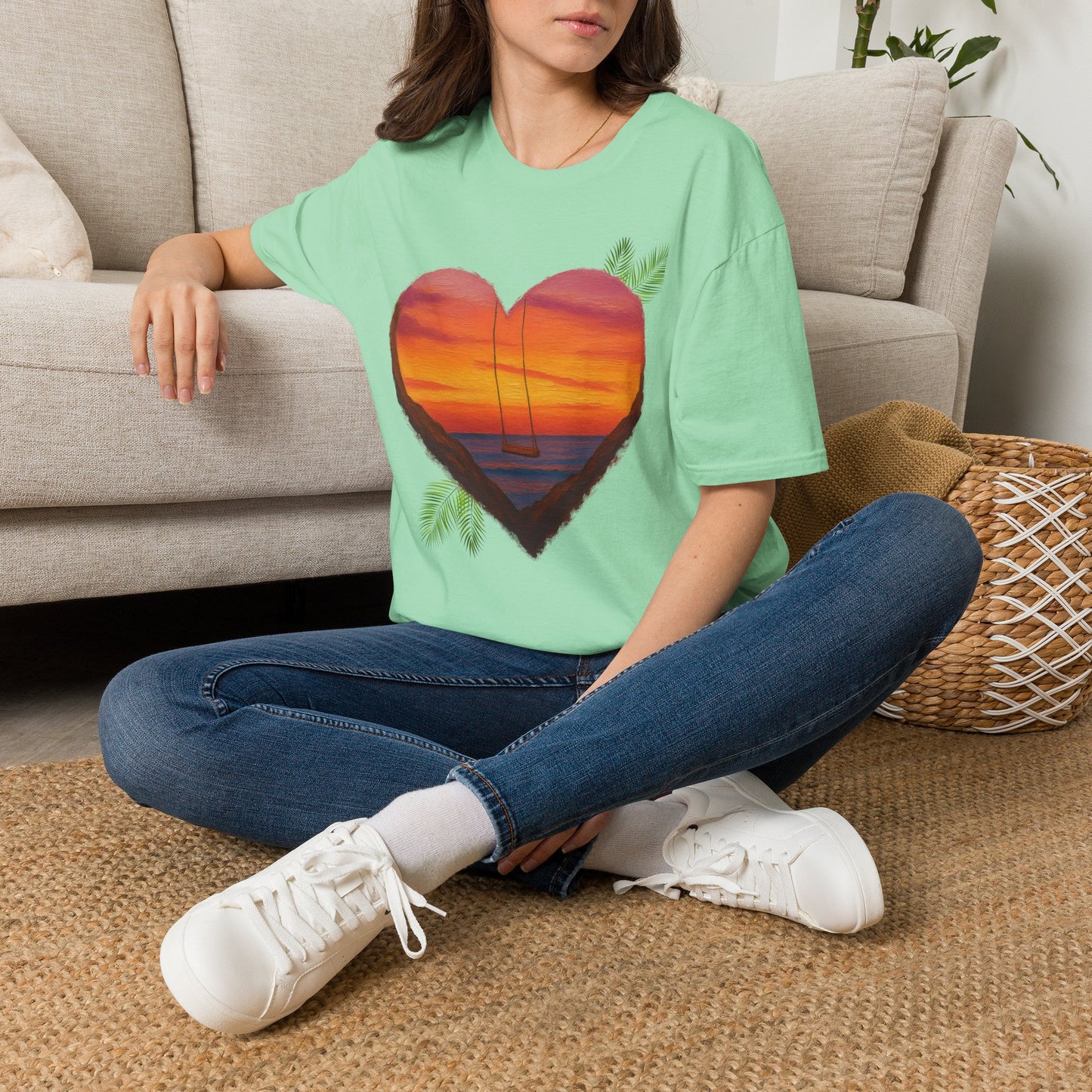 Heart Sunset T-Shirt — Tropical Palm Sailboat Beach Tee