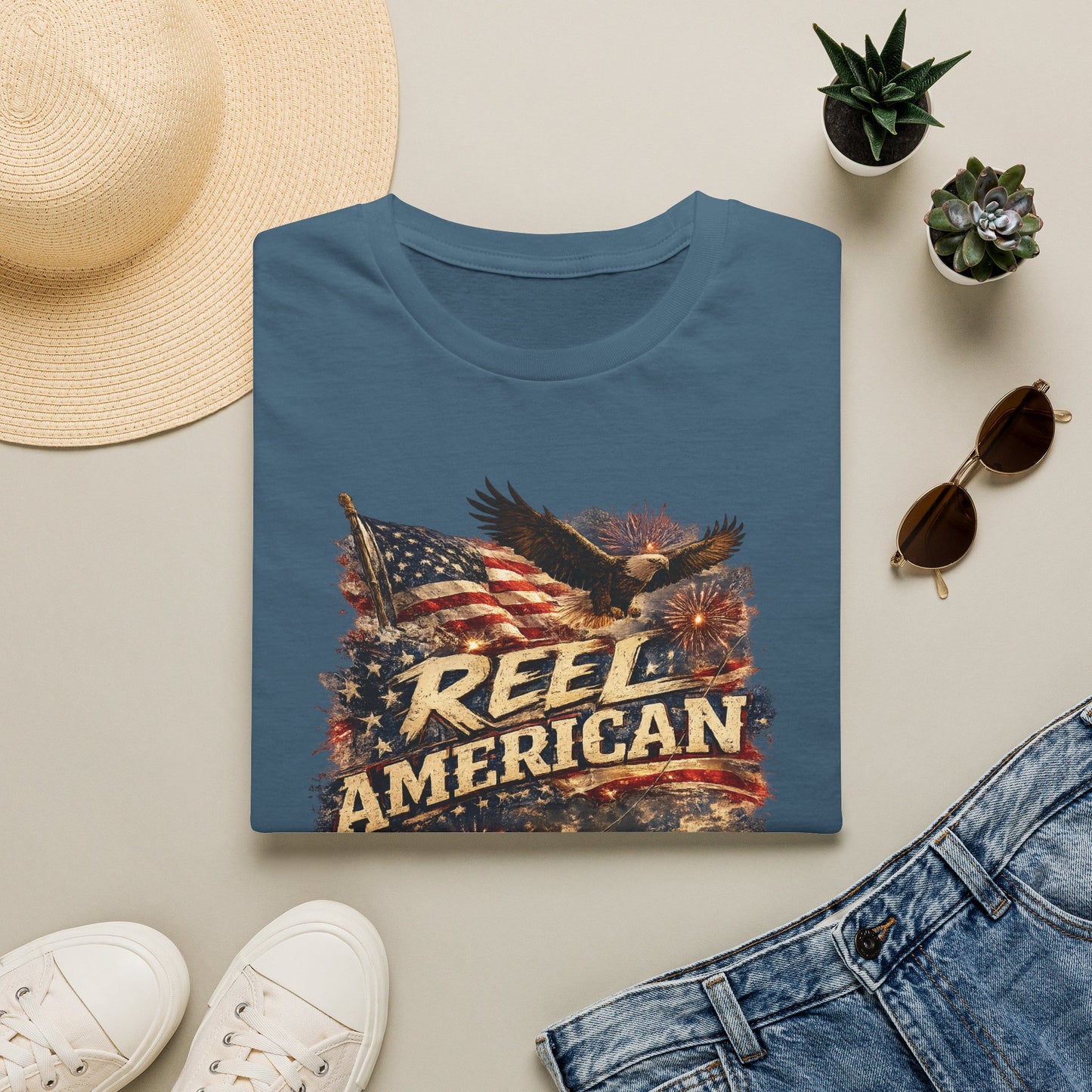 "Reel American" Eagle T-Shirt — Patriotic Fishing Shirt with Flag & Bald Eagle