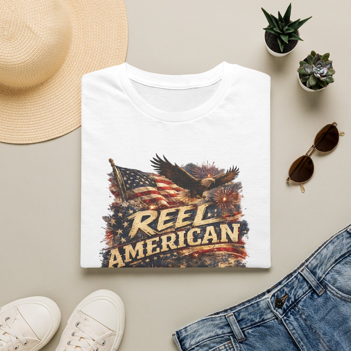 "Reel American" Eagle T-Shirt — Patriotic Fishing Shirt with Flag & Bald Eagle