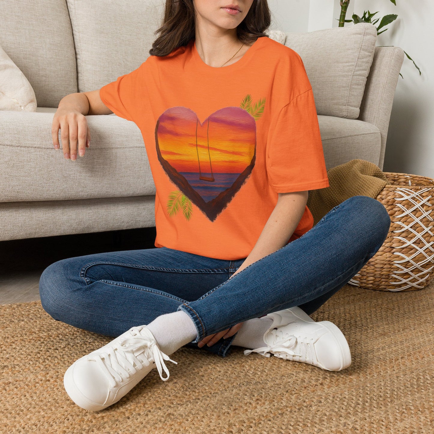 Heart Sunset T-Shirt — Tropical Palm Sailboat Beach Tee