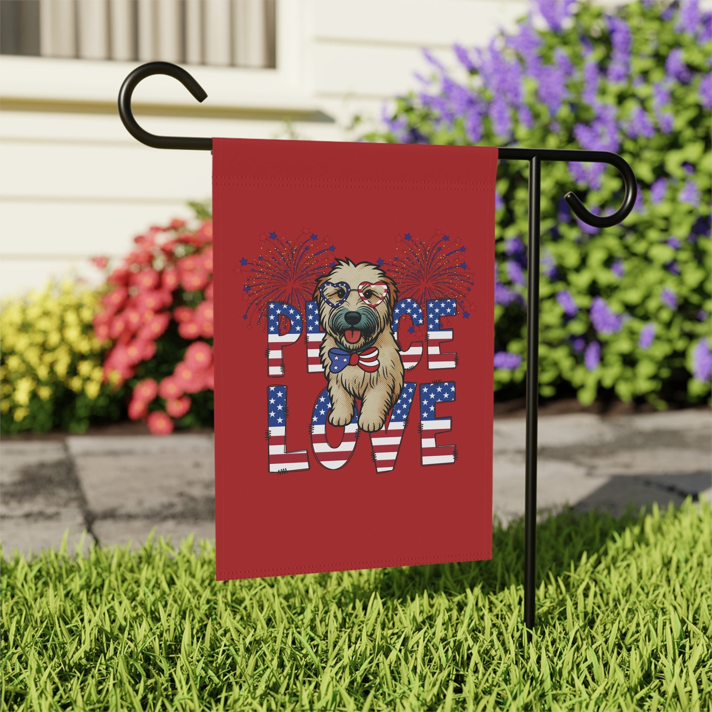 "Peace Love" Patriotic Wheaten Terrier Garden Flag (Red)