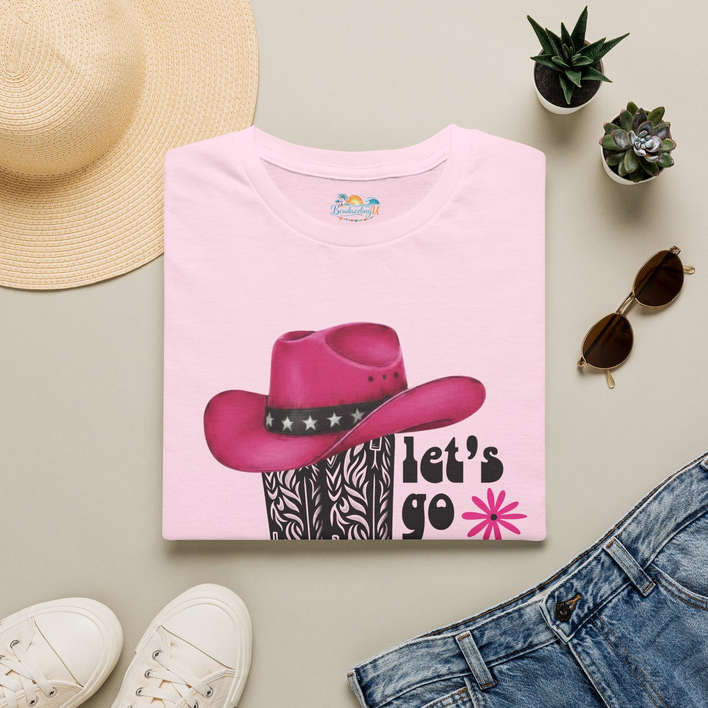"Let's Go Girls" Pink Cowboy Hat & Boots Graphic T-Shirt