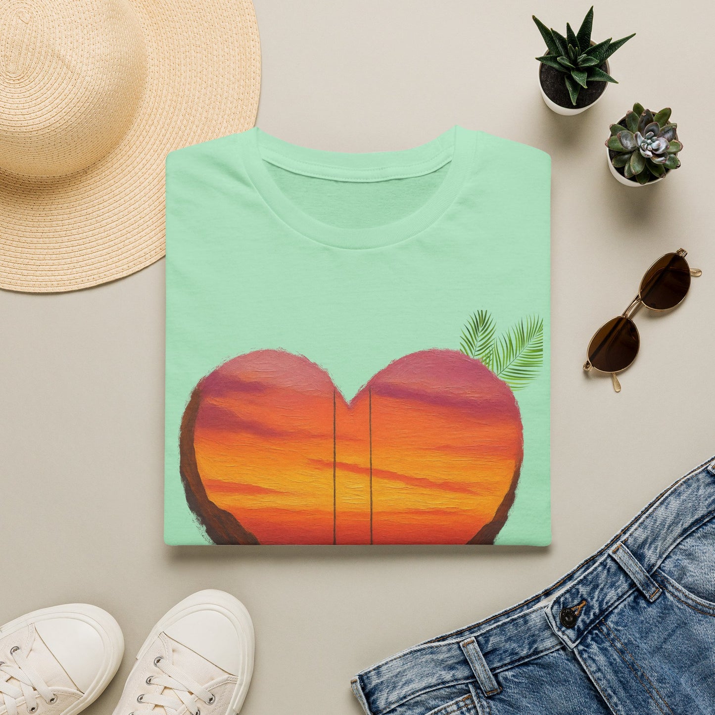 Heart Sunset T-Shirt — Tropical Palm Sailboat Beach Tee