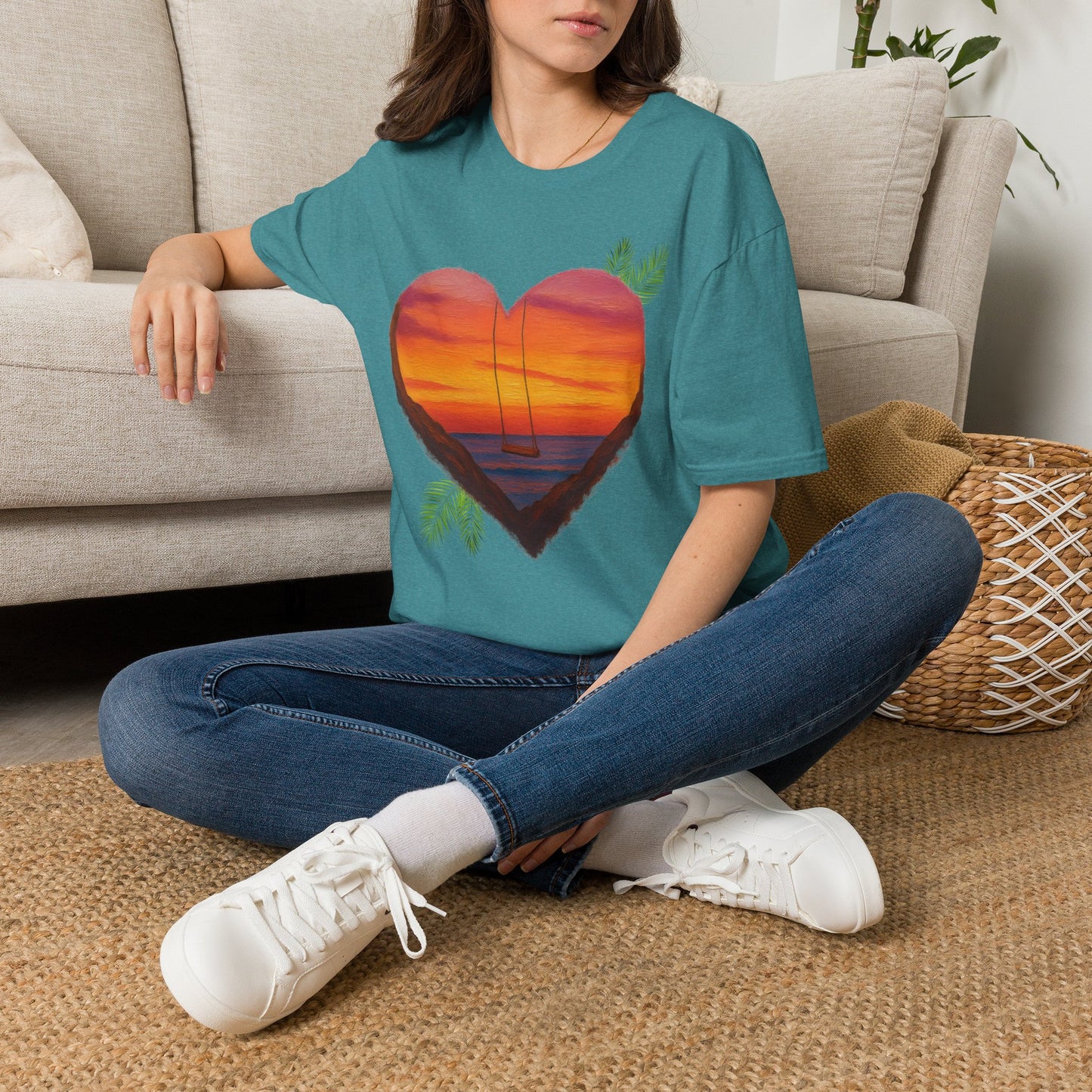 Heart Sunset T-Shirt — Tropical Palm Sailboat Beach Tee